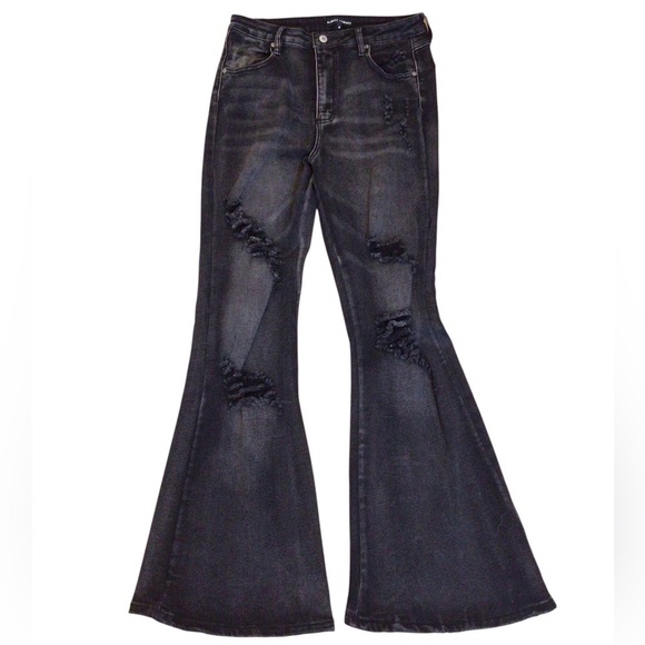 Almost Famous Womens Size 9 High Rise Black Distressed Flare Jeans Boho 70s - Picture 1 of 14